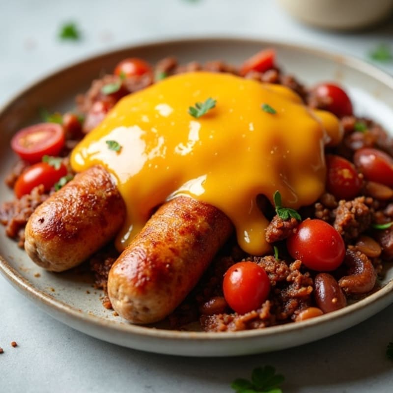 Crispy Lean Turkey Sausage with Hearty Beef Chili and Melted Sharp Cheddar