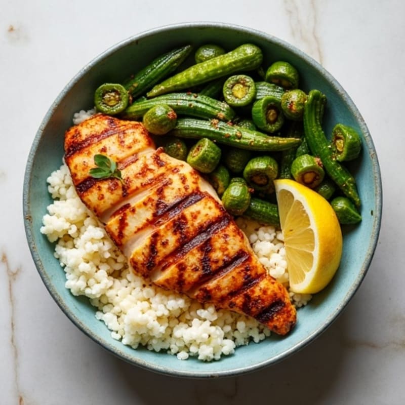 Crispy Roasted Okra and Cauliflower Rice Bowl