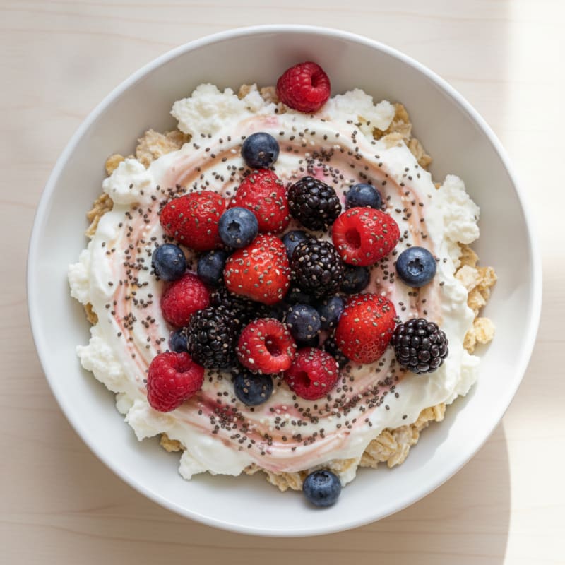 Greek Yogurt Oatmeal with Chia Seeds and Frozen Berries