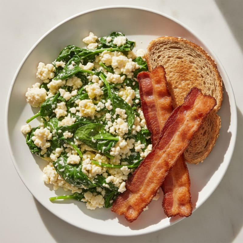 Cottage Cheese Scramble with Spinach and Turkey Bacon