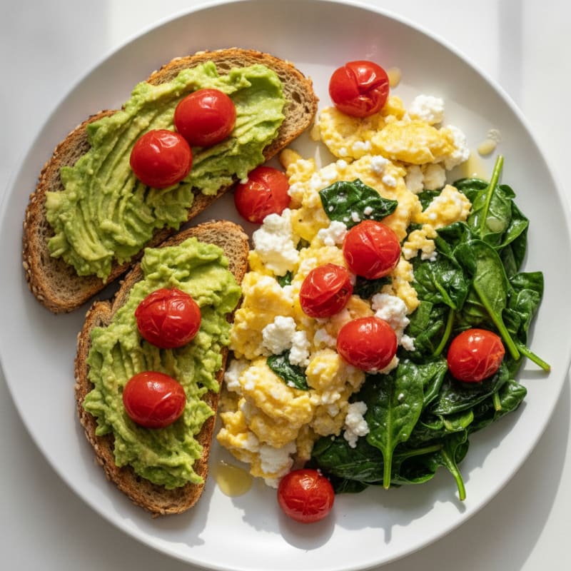 Cottage Cheese Scramble with Sautéed Spinach and Cherry Tomatoes