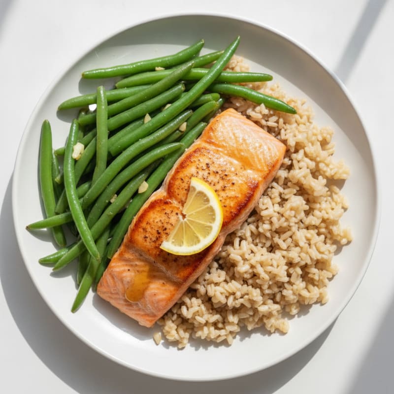 Seared Salmon with Garlic Green Beans and Brown Rice