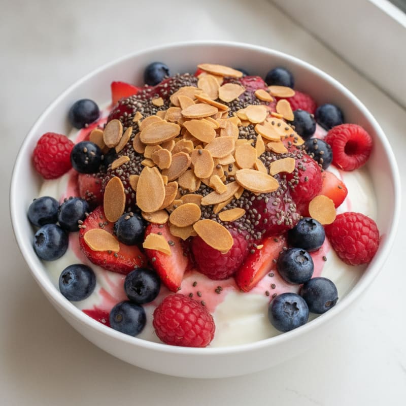 Greek Yogurt Protein Parfait with Mixed Berries and Almonds