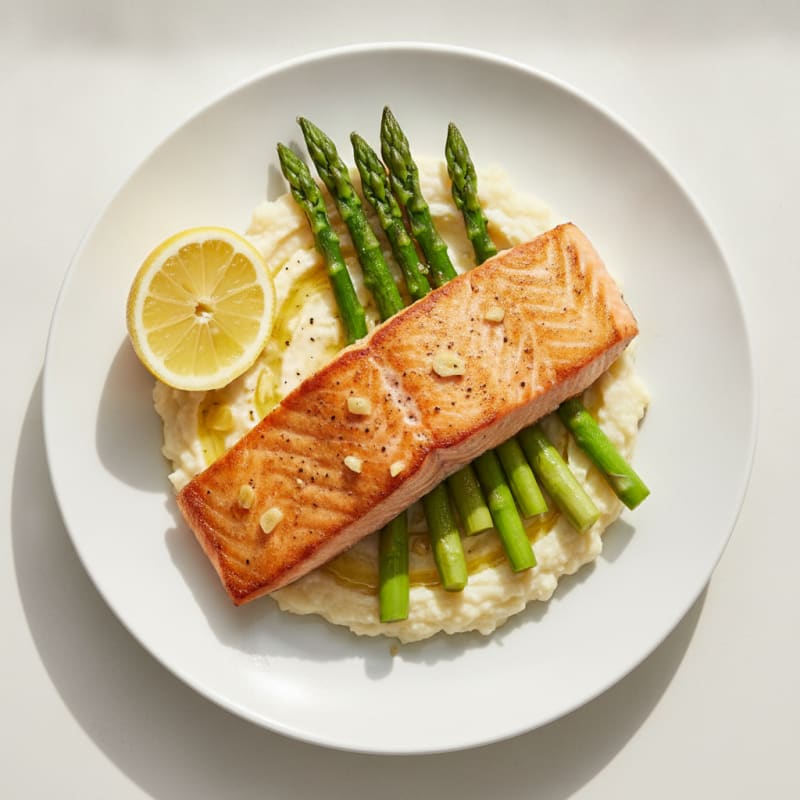 Seared Salmon Fillet with Steamed Asparagus and Cauliflower Mash