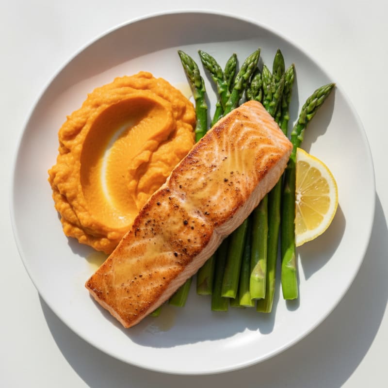 Seared Salmon with Steamed Asparagus and Sweet Potato Mash