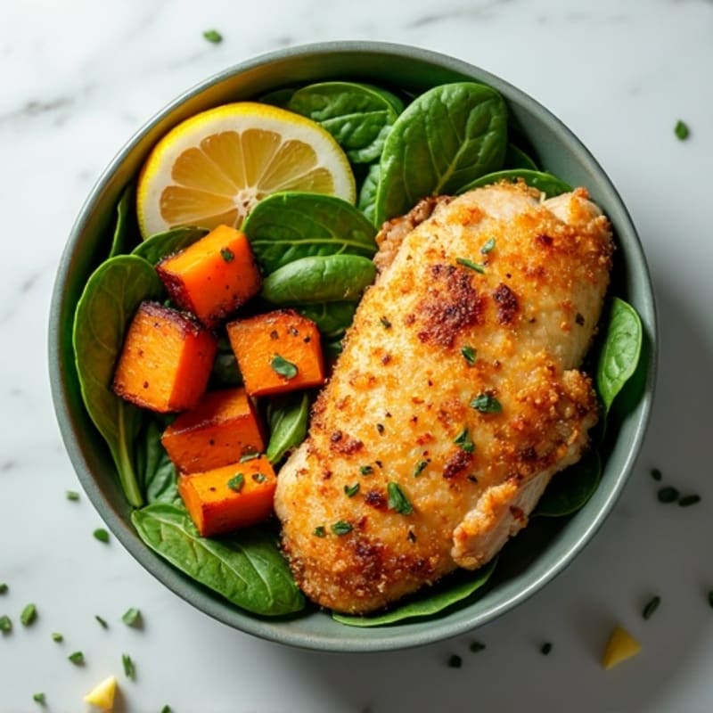 Crispy Lemon Garlic Chicken Bowl with Roasted Sweet Potatoes and Fresh Greens