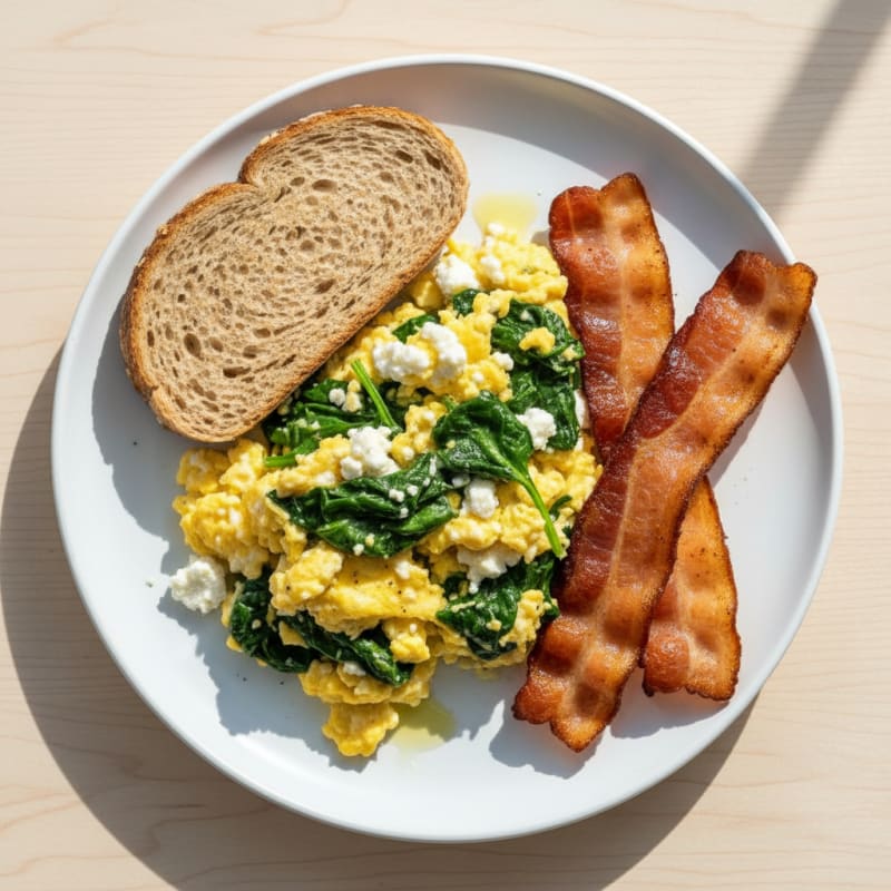 Cottage Cheese Egg Scramble with Spinach and Turkey Bacon