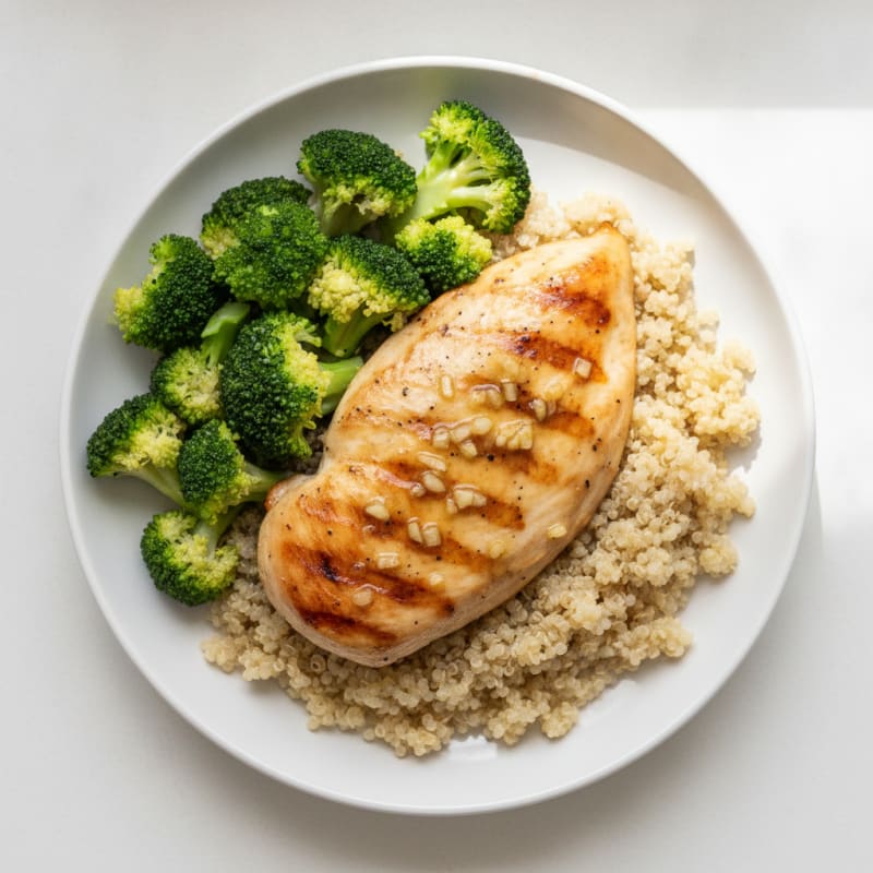 Grilled Lemon Garlic Chicken Breast with Quinoa and Steamed Broccoli