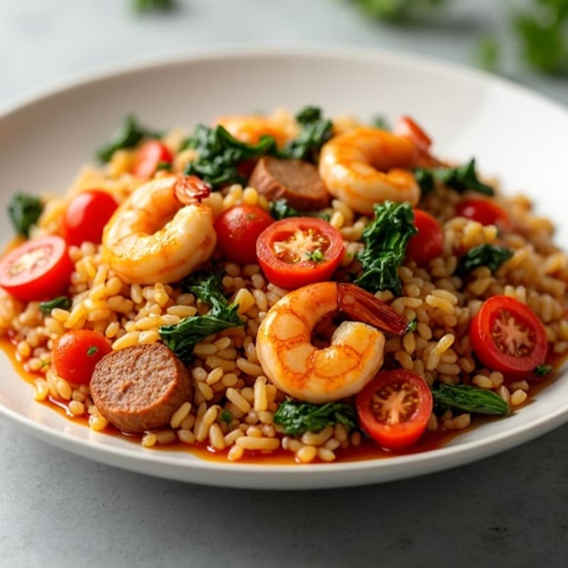 One-Pot Spicy Chicken, Shrimp, and Sausage with Brown Rice and Vegetables