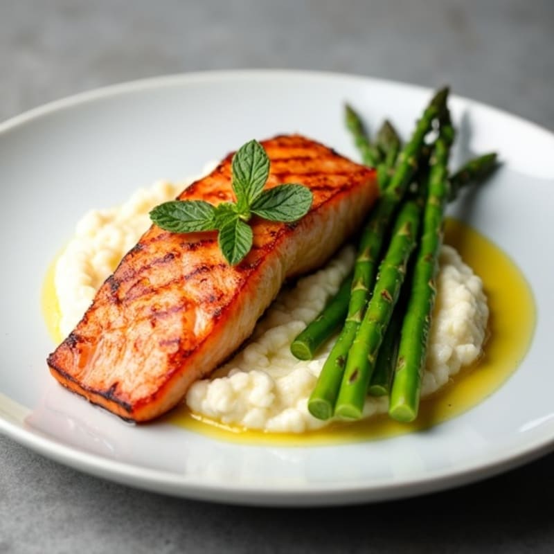 Seared Salmon Fillet with Steamed Asparagus and Cauliflower Mash