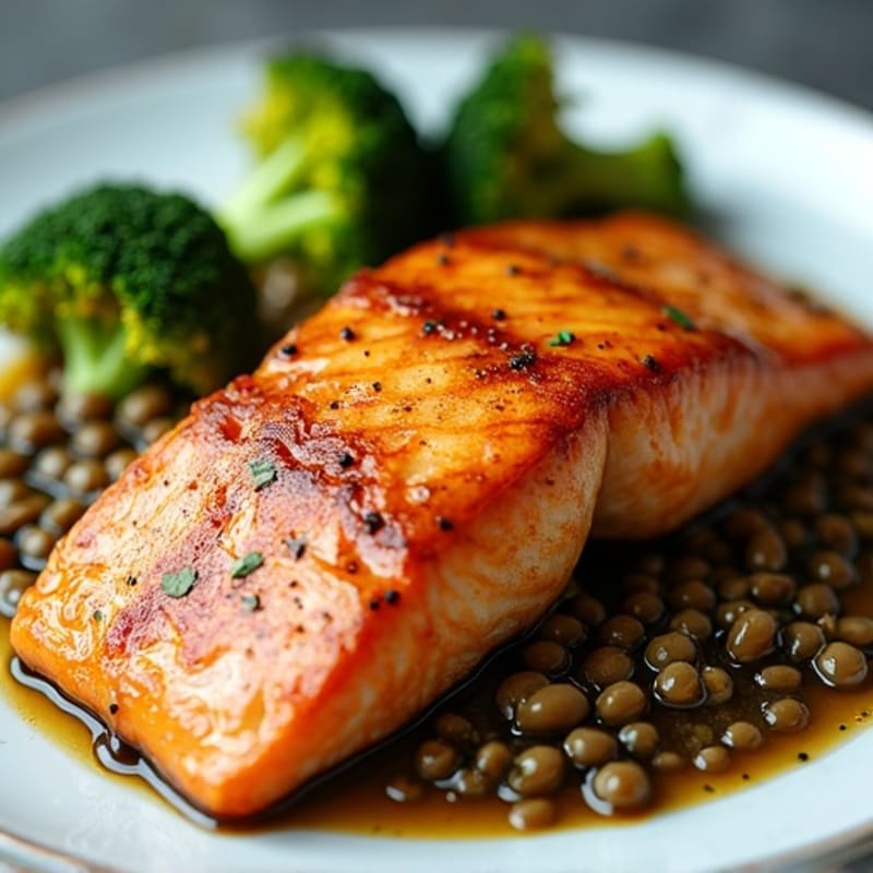Seared Salmon with Roasted Broccoli and Lentils
