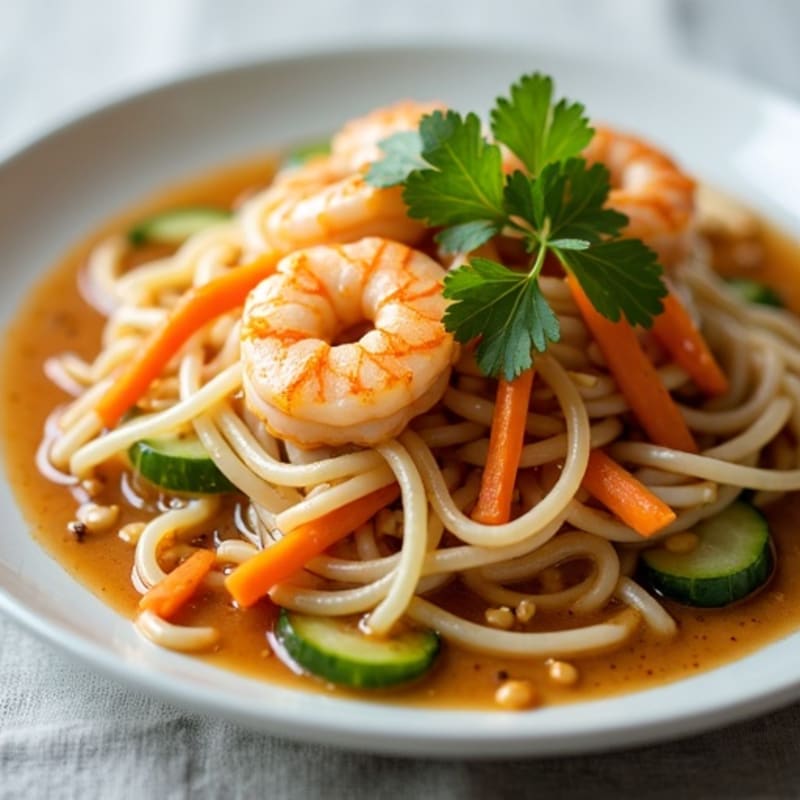 Shrimp and Fresh Rice Noodles with Tangy Peanut Sauce
