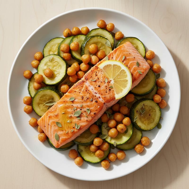 Seared Salmon with Roasted Zucchini and Chickpeas