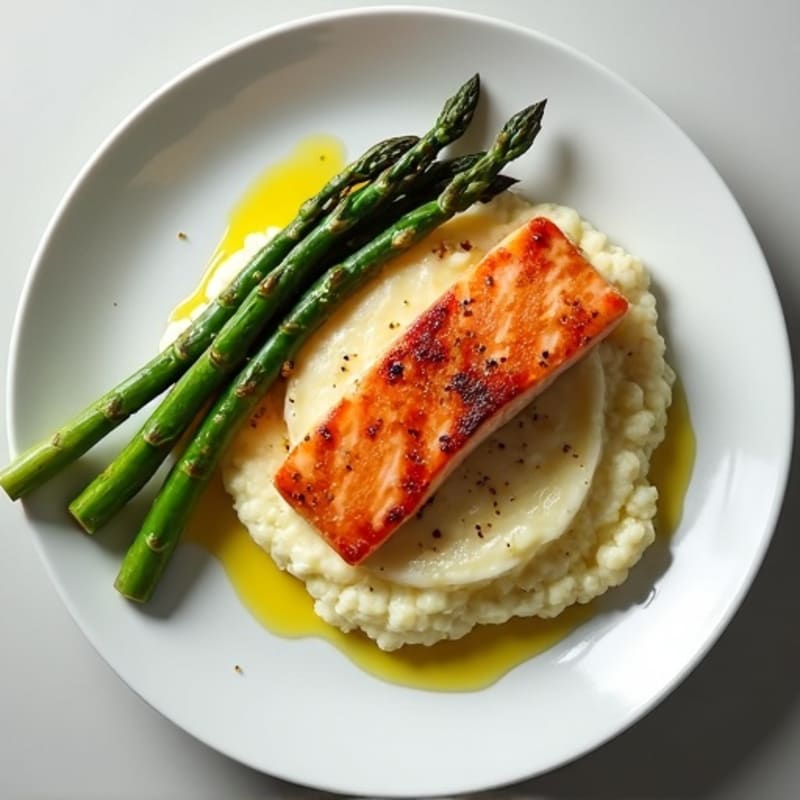 Seared Salmon with Steamed Asparagus and Cauliflower Mash