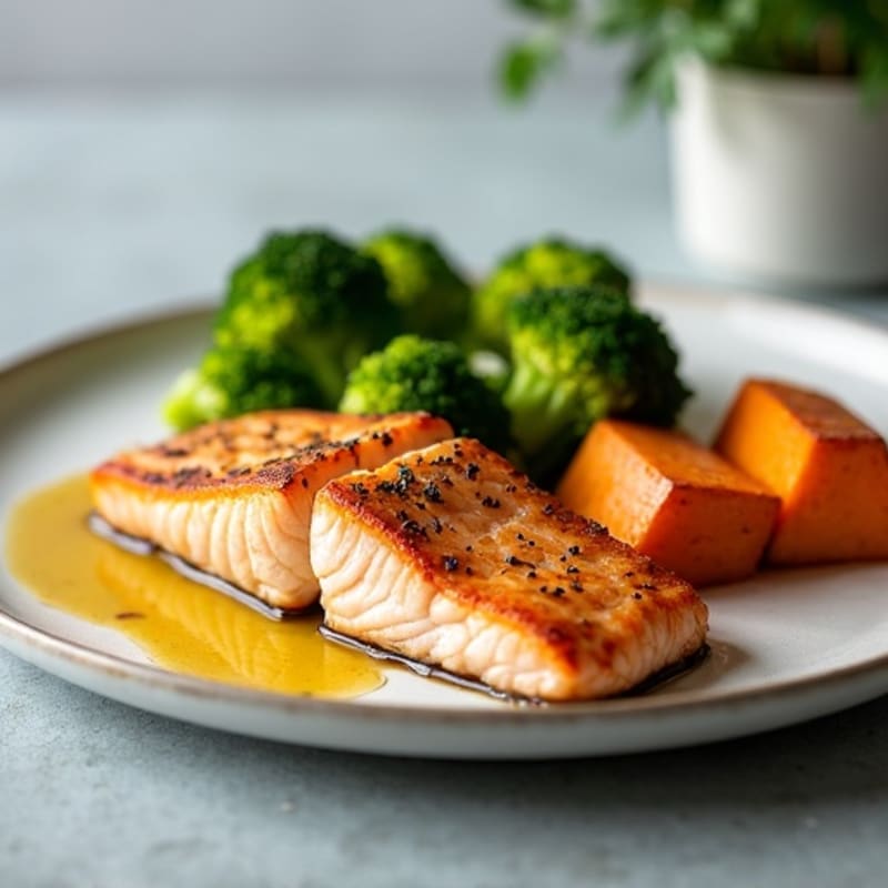 Seared Salmon Filet with Steamed Broccoli and Roasted Sweet Potato