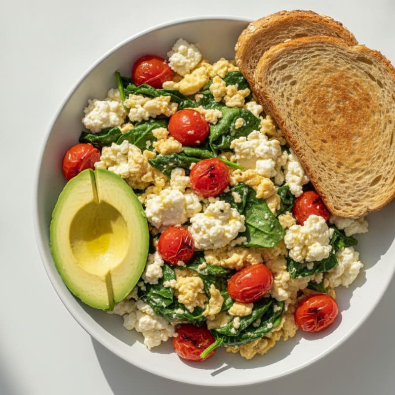 Cottage Cheese Scramble with Spinach and Cherry Tomatoes