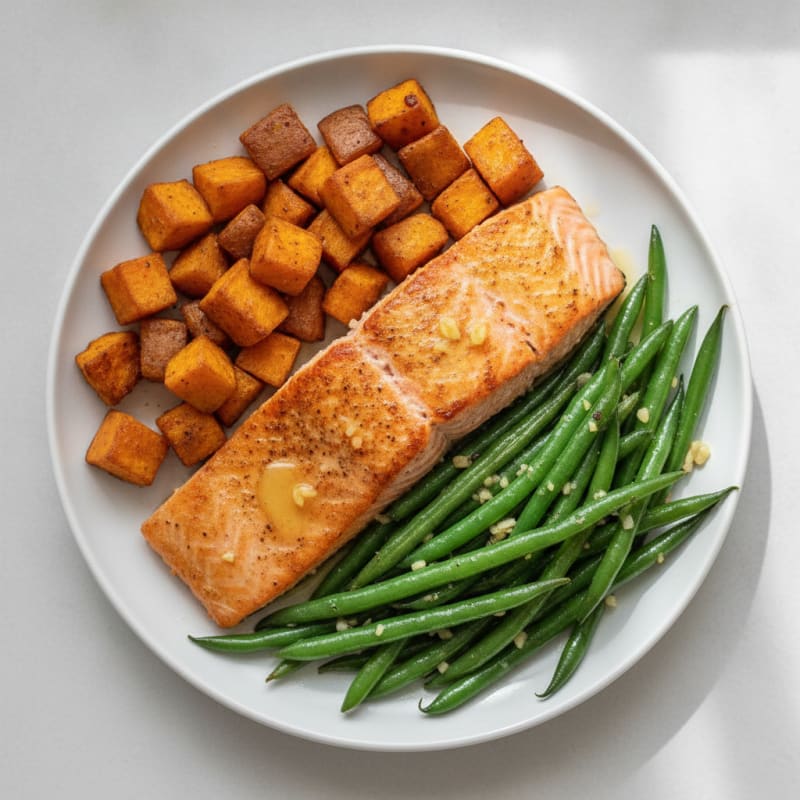 Pan-Seared Salmon with Roasted Sweet Potatoes and Green Beans