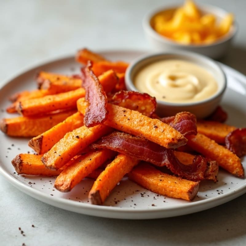 Crispy Sweet Potato Fries with Savory Bacon and Creamy Cheese Sauce