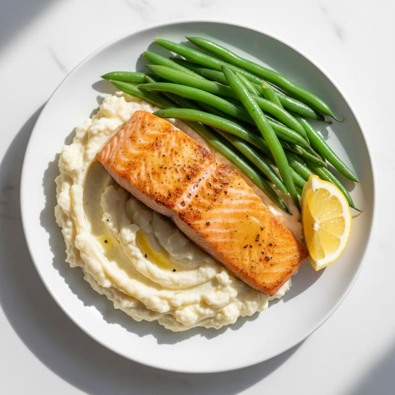 Seared Salmon Fillet with Steamed Green Beans and Garlic Mashed Cauliflower