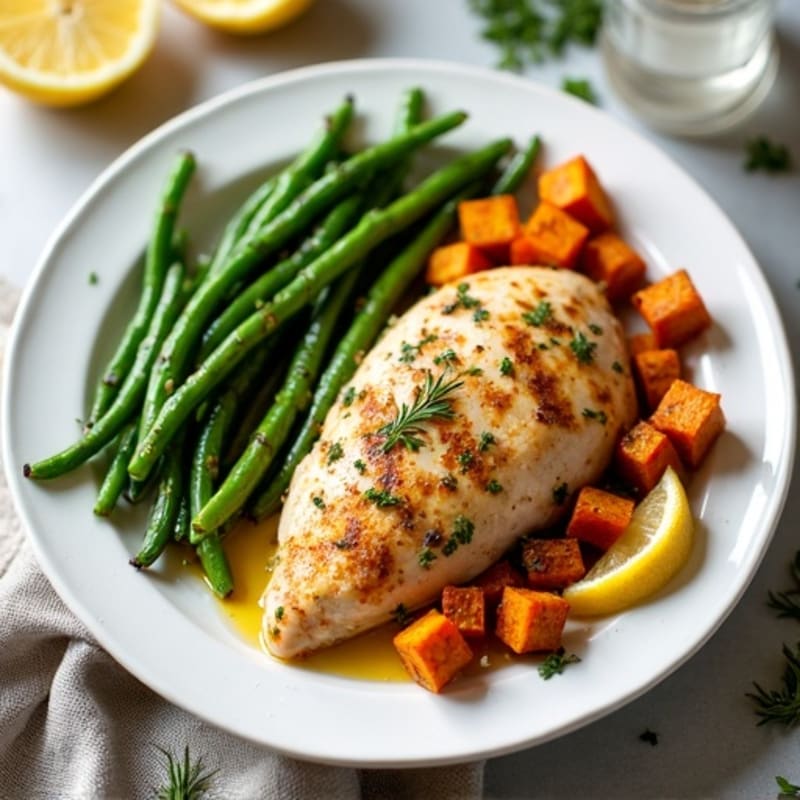 Lemon-Herb Roasted Chicken with Crispy Roasted Sweet Potatoes and Green Beans