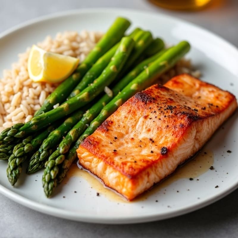 Seared Salmon Fillet with Steamed Asparagus and Brown Rice