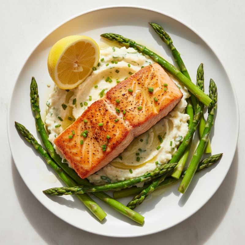 Seared Salmon with Steamed Asparagus and Herb-Cauliflower Mash