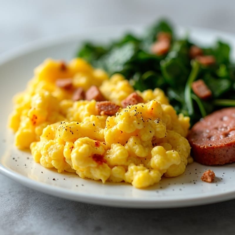 Fluffy Scrambled Eggs with Sautéed Spinach and Lean Turkey Sausage