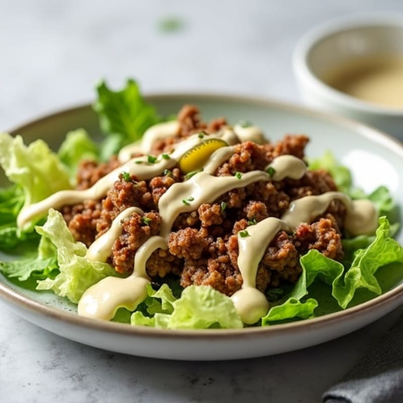 Lean Ground Beef Salad with Crispy Lettuce, Dill Pickles, and Creamy Special Sauce