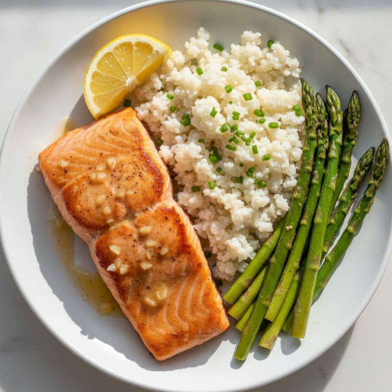 Seared Salmon with Roasted Asparagus and Cauliflower Rice