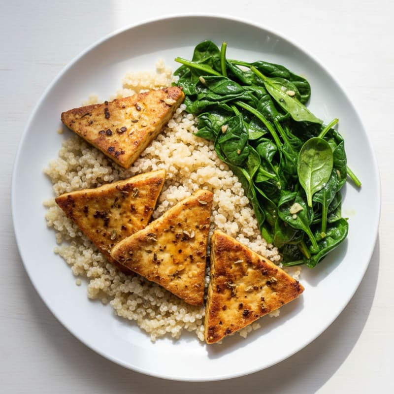 Herb-Grilled Tempeh with Quinoa and Sautéed Spinach