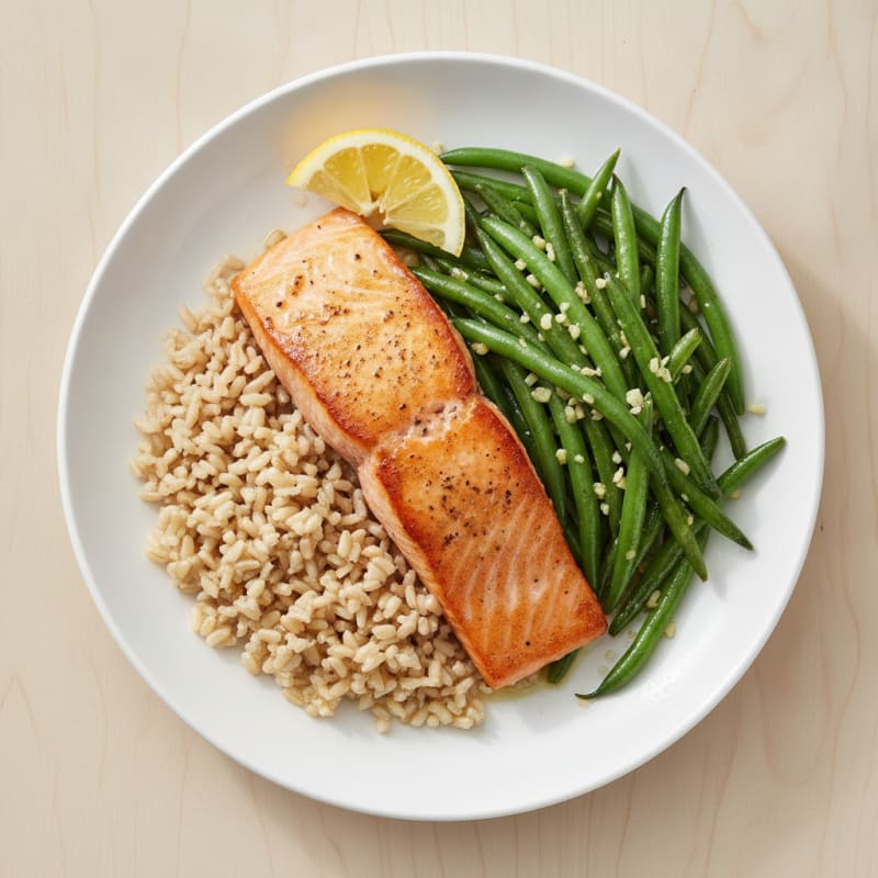 Seared Salmon Fillet with Garlic Green Beans and Brown Rice