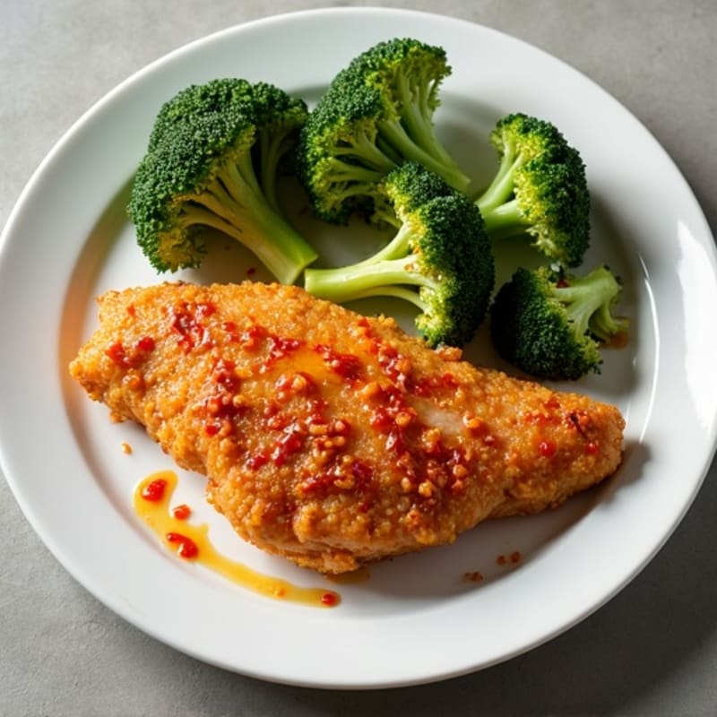 Crispy Baked Chicken with Spicy Garlic Sauce and Roasted Broccoli