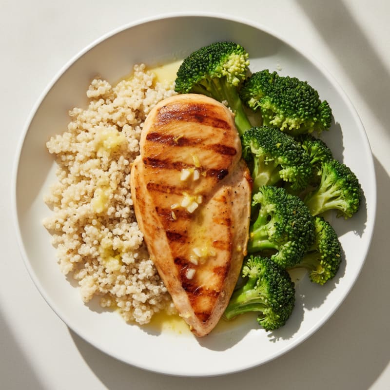 Grilled Lemon-Garlic Chicken Breast with Steamed Broccoli and Quinoa