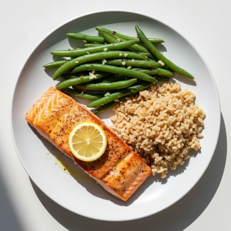 Seared Salmon with Garlic Green Beans and Brown Rice