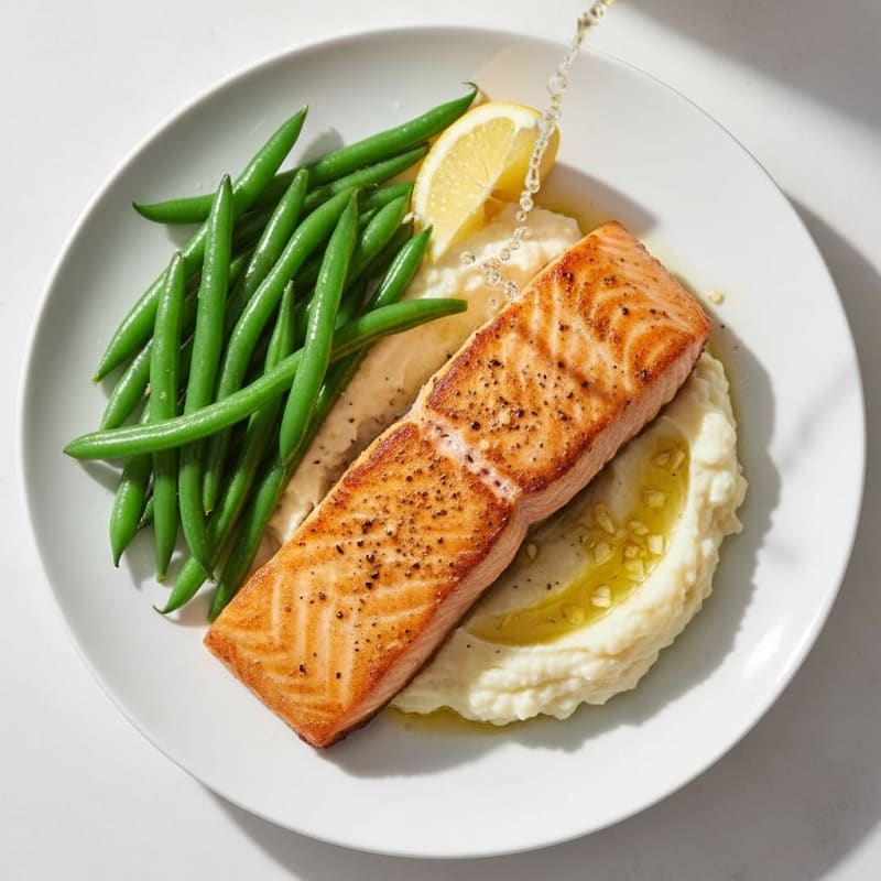 Seared Salmon with Steamed Green Beans and Cauliflower Mash