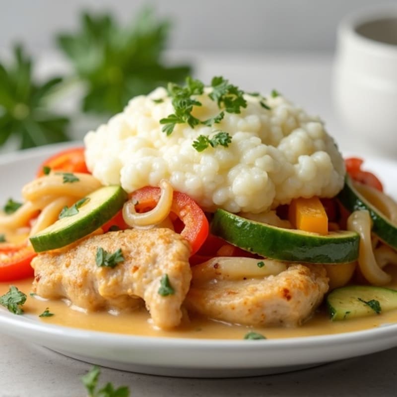 Creamy Chicken and Vegetable Skillet with Fluffy Cauliflower Mash Topping