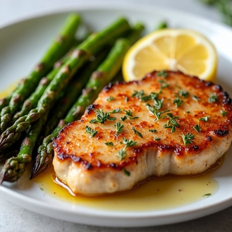 Crispy Pan-Seared Pork Chops with Lemon Herb Roasted Asparagus