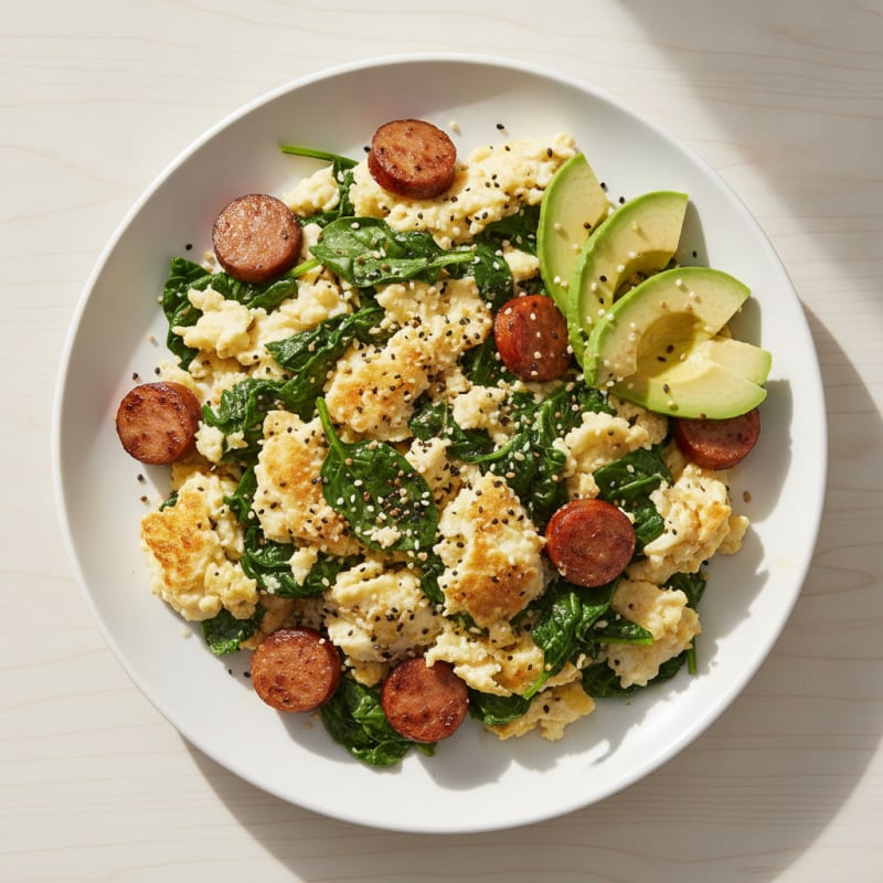 Egg White and Spinach Scramble with Turkey Sausage