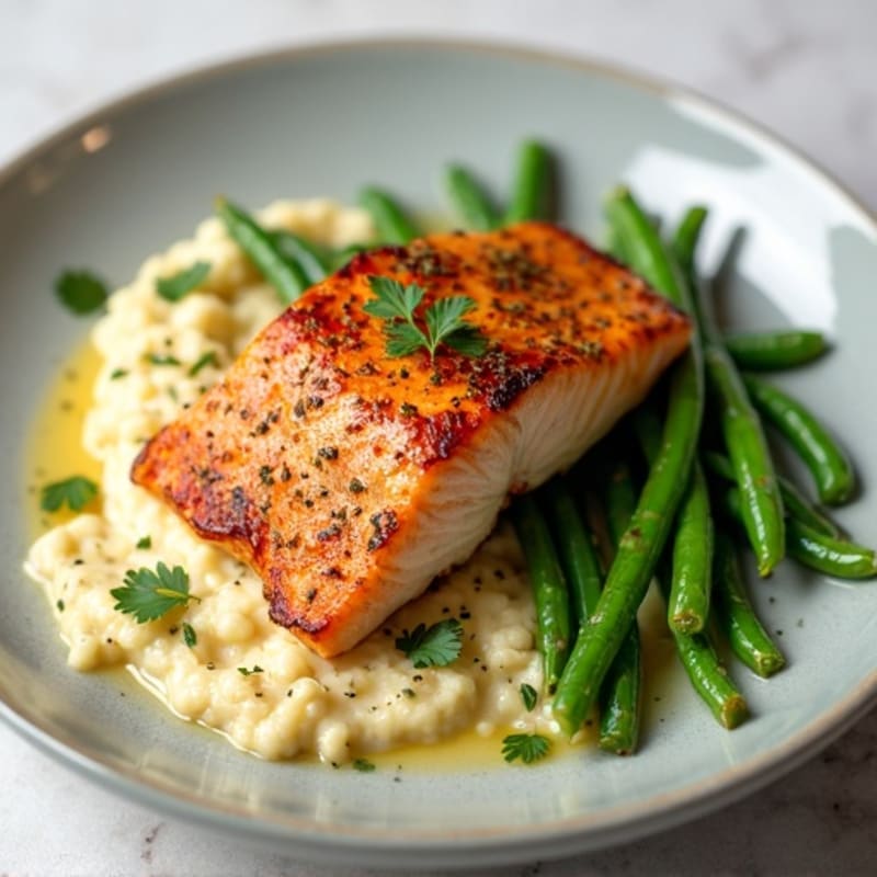 Seared Salmon Fillet with Garlic Green Beans and Cauliflower Mash