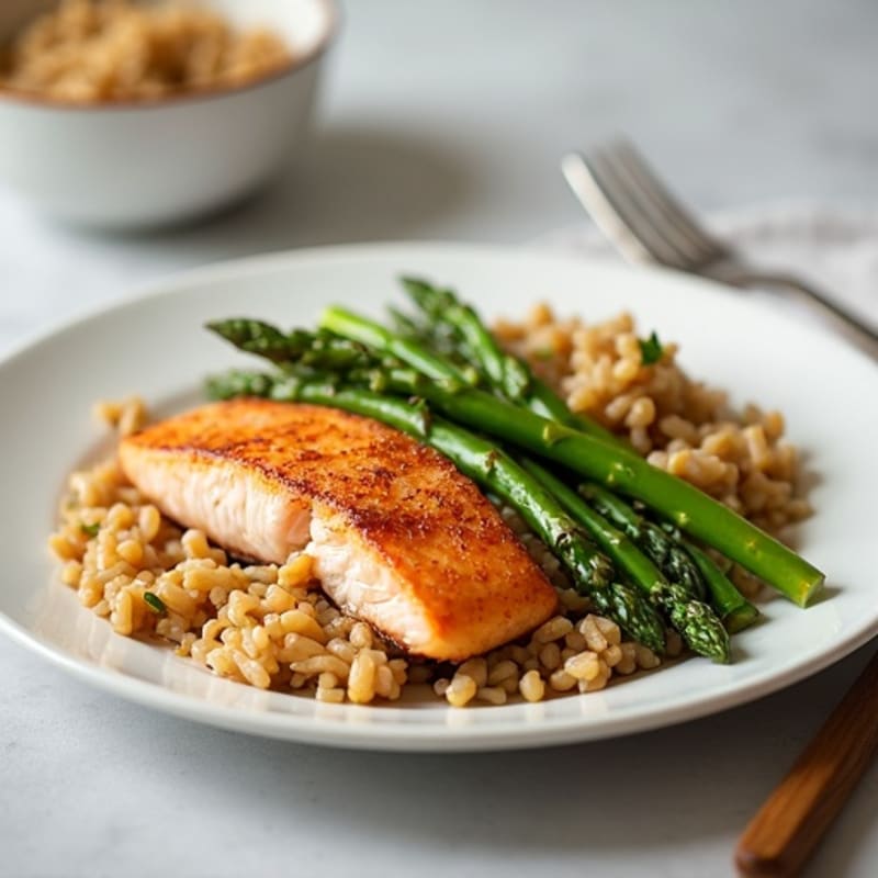 Pan-Seared Salmon with Steamed Asparagus and Brown Rice