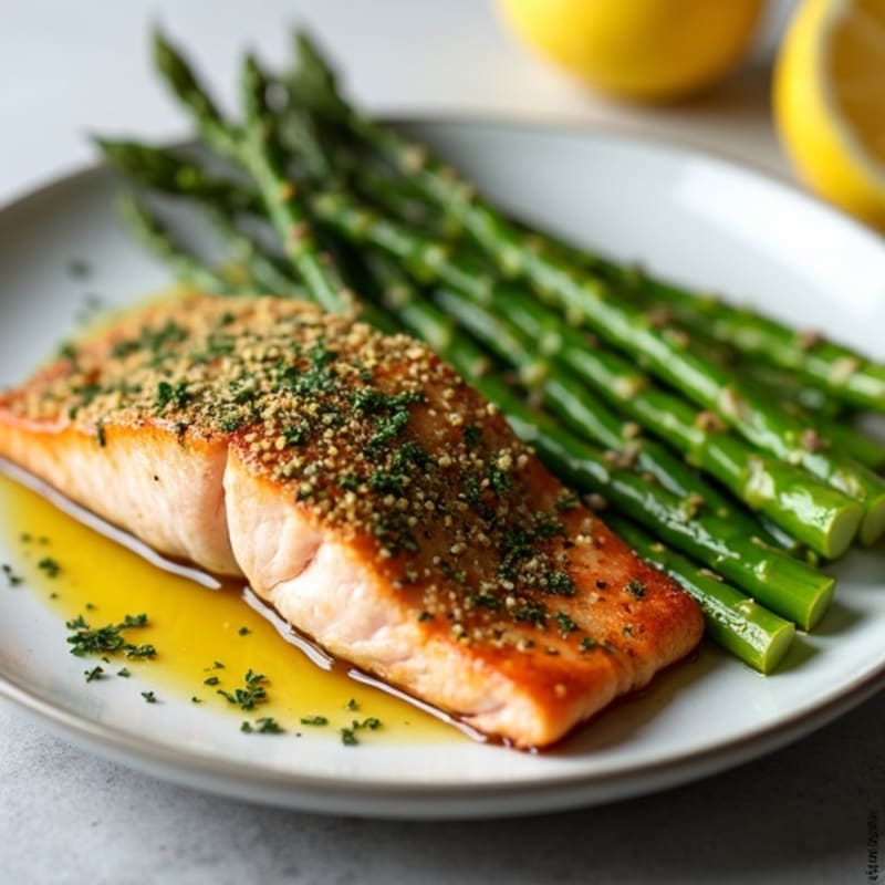 Pan-Seared Herb-Crusted Salmon with Garlic Asparagus