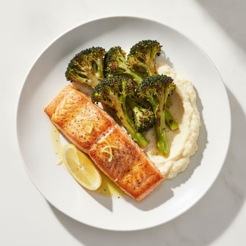 Seared Salmon with Roasted Broccoli and Garlic Cauliflower Mash
