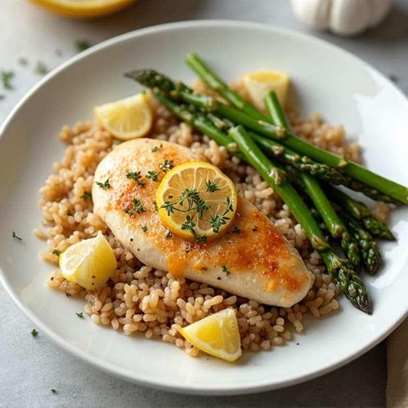 Lemon Garlic Pan-Seared Chicken with Fluffy Brown Rice and Roasted Asparagus