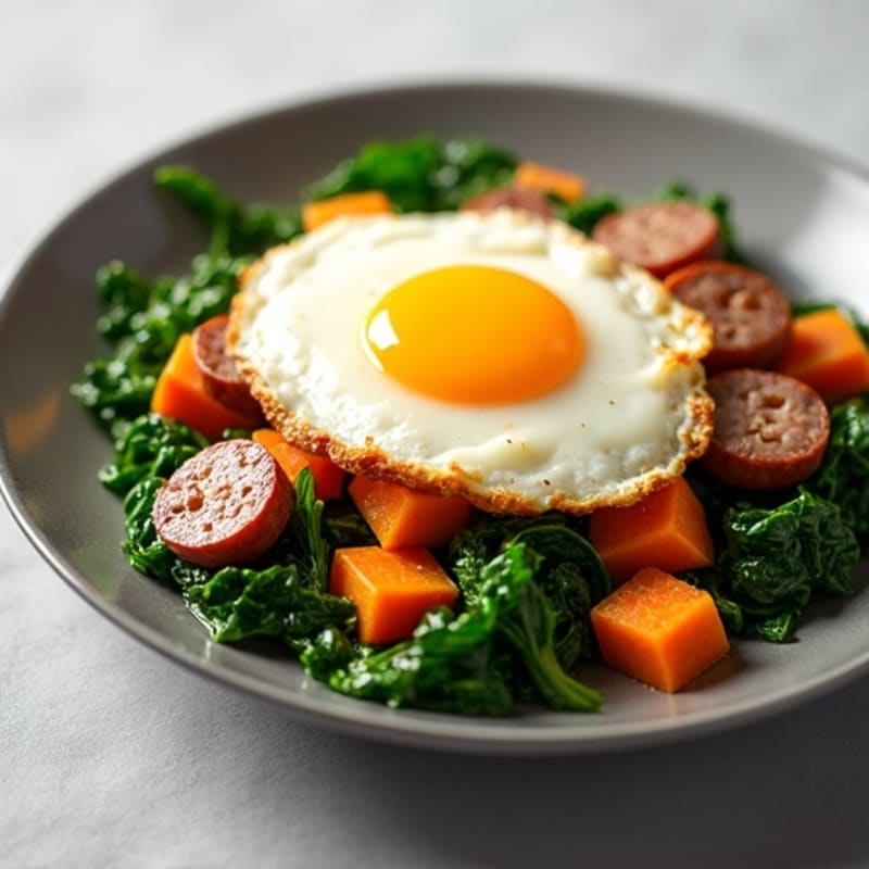 Egg White and Turkey Sausage Scramble with Sautéed Spinach and Sweet Potato