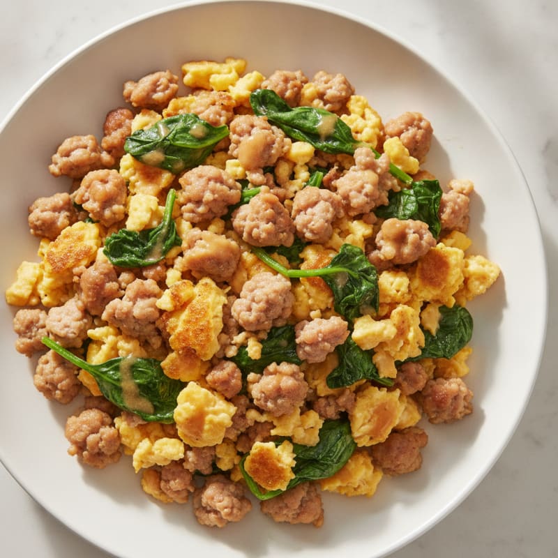 Crispy Pork Sausage and Spinach Scramble
