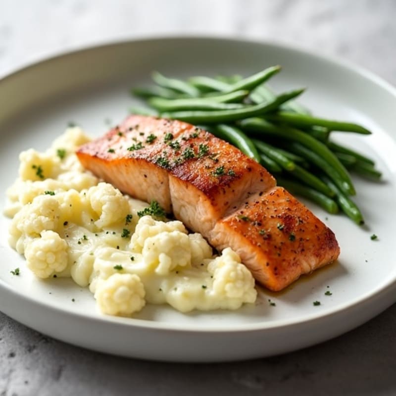 Seared Salmon with Garlic Green Beans and Cauliflower Mash