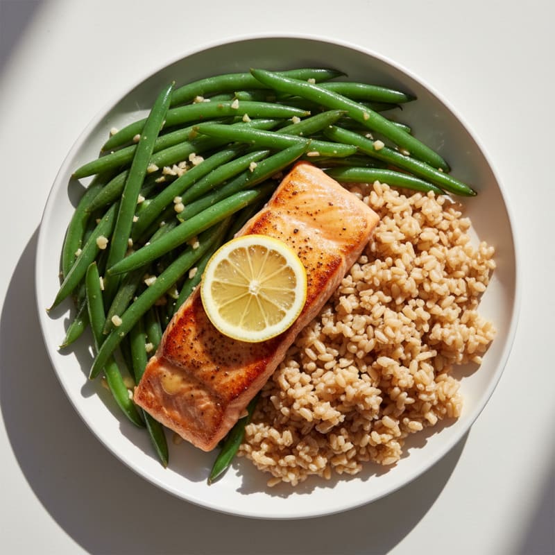 Pan-Seared Salmon with Garlic Green Beans and Brown Rice