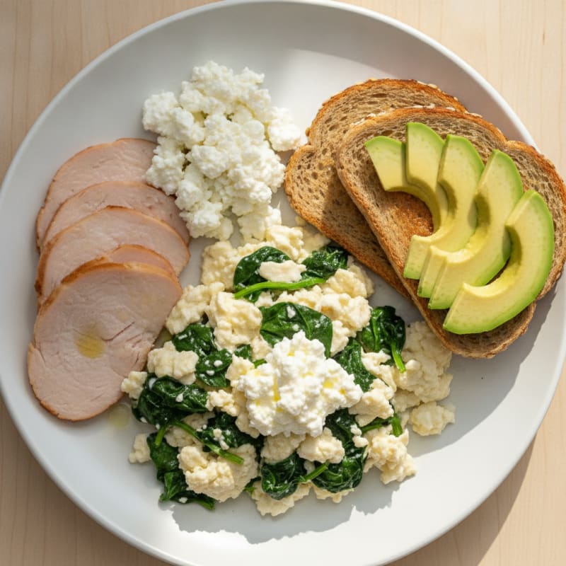 Egg White Spinach Scramble with Cottage Cheese and Sliced Turkey