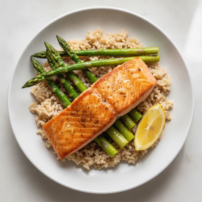 Seared Salmon with Steamed Asparagus and Brown Rice