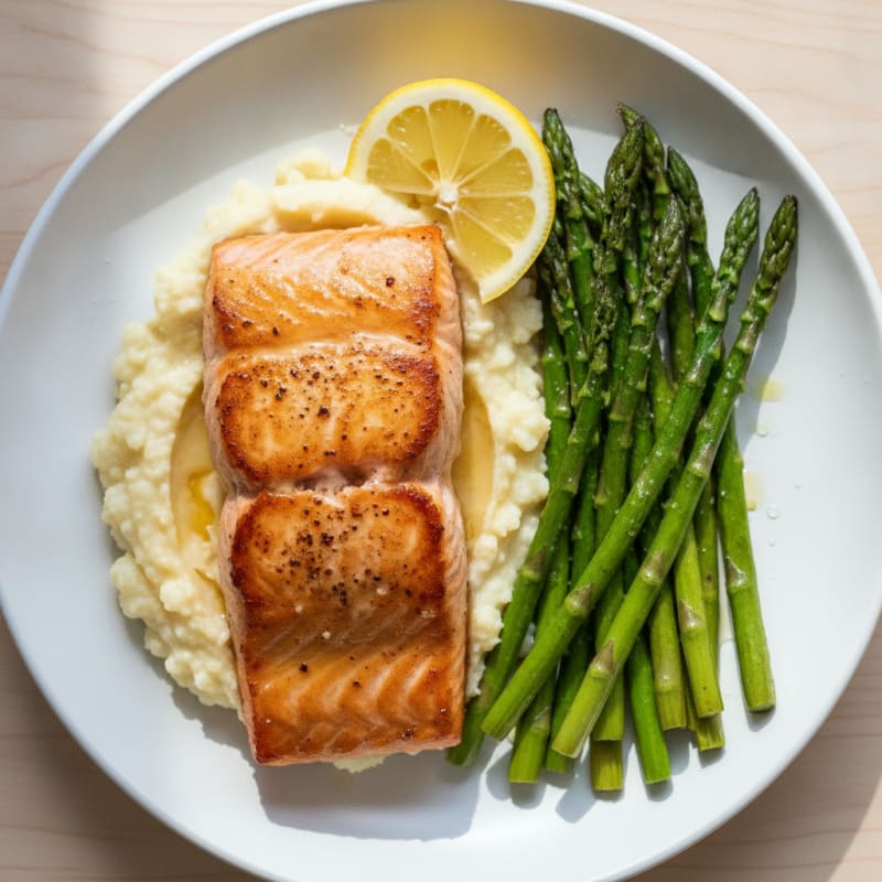 Seared Salmon Fillet with Roasted Asparagus and Cauliflower Mash